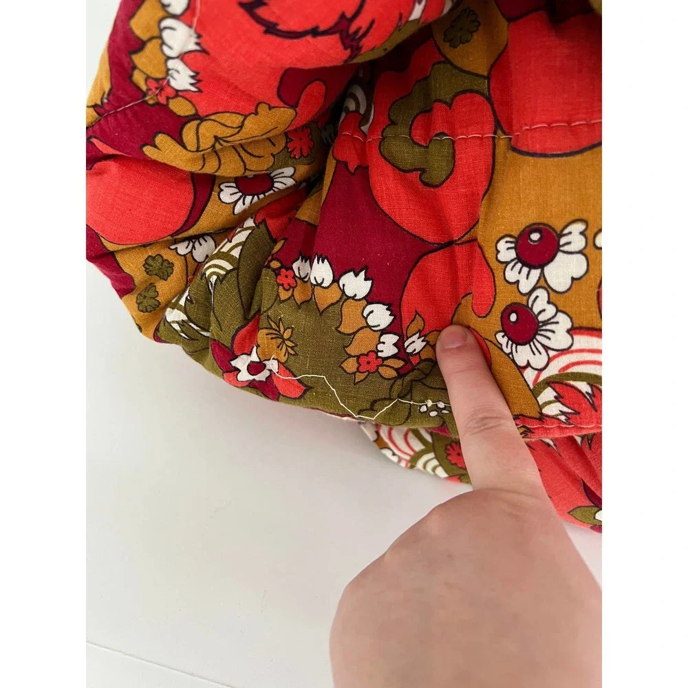 70s Red Orange Floral Bedspread Twin or Full Retro 70s Psychedelic Garden Cotton - Picture 7 of 8